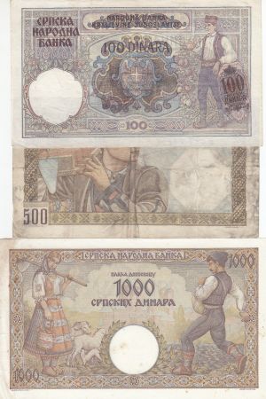 Serbie Série 3 billets  - 100 à 1000 Dinara - 1941-1942
