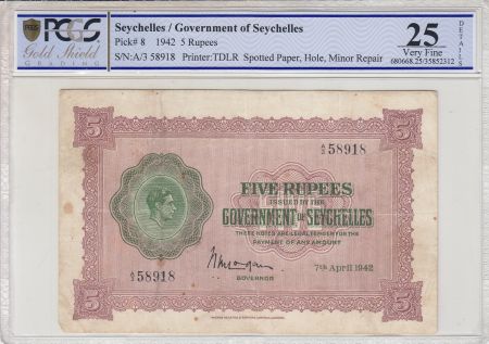 Seychelles 5 Rupees Georges VI - 1942 - PCGS VF 25