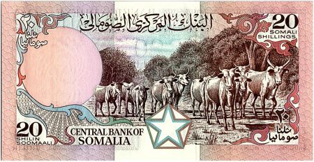 Somalie 20 Shillings - Banque central - Vaches -1989