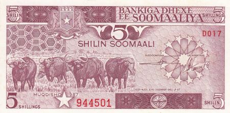 Somalie 5 Shillings 1987 - Zébus, travailleurs agricoles
