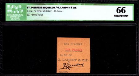 St-P. et Miquelon 10 Francs, Bon d\'achat - G. Landry and Cie - 1942 - ICG UNC66
