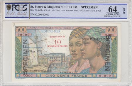 St-P. et Miquelon 10 NF / 500 Francs Pointe-À-Pitre - 1946 - Spécimen - PCGS 64 OPQ