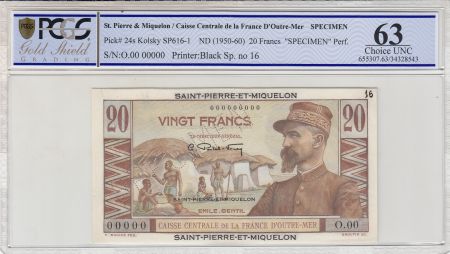 St-P. et Miquelon 20 Francs E. Gentil - 1946  - SPECIMEN - PCGS 63 OPQ