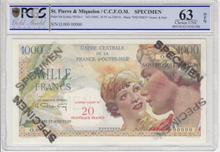 St-P. et Miquelon 20 NF / 1000 Francs Union Française - Spécimen - 1946 - PCGS 63 OPQ