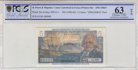 St-P. et Miquelon 5 Francs Bougainville - 1946  - SPECIMEN - PCGS 63 OPQ