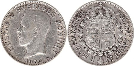 Suède 1 Krona 1936G - Armoiries, Gustaf V - Argent