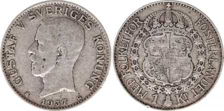 Suède 1 Krona 1937G - Armoiries, Gustaf V - Argent