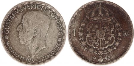 Suède 1 Krona 1942G - Armoiries, Gustaf V - Argent
