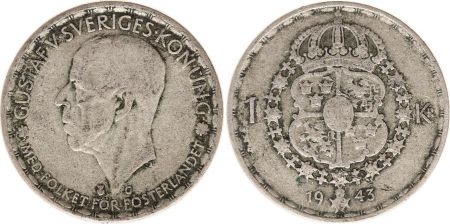 Suède 1 Krona 1943G - Armoiries, Gustaf V - Argent