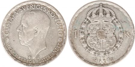 Suède 1 Krona 1945TS - Armoiries, Gustaf V - Argent