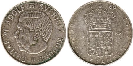 Suède 1 Krona 1962U - Armoiries, Gustaf VI - Argent