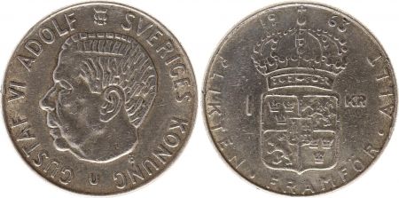 Suède 1 Krona 1963U - Armoiries, Gustaf VI - Argent