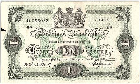Suède 1 Krona Armoiries - 1919 - TTB - P.32e