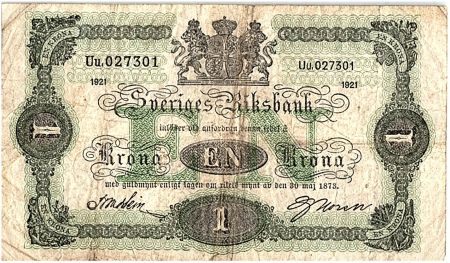 Suède 1 Krona Armoiries - 1921 - TB + - P.32h - Préfix Uu rare