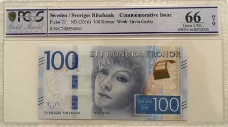 Suède 100 Kronor Greta Garbo - 2016 - PCGS 66 OPQ