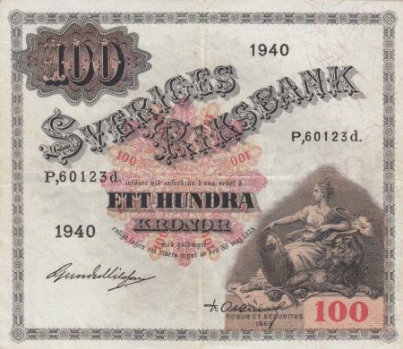 Suède 100 Kronor Svea - 1940 Série P.60123d- TTB - P.36w