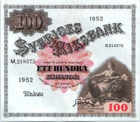 Suède 100 Kronor Svea - Gustav Vasa - 1952