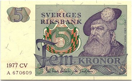Suède 5 Kronor  - Gustav Vasa - 1977 - CV  - Neuf - P.51