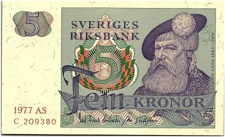 Suède 5 Kronor - Gustav Vasa - 1977 - AS - SPL - P.51