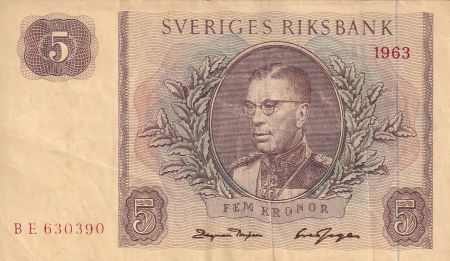 Suède 5 Kronor - Roi Gustaf VI - 1963 -  Série BE - P.50b