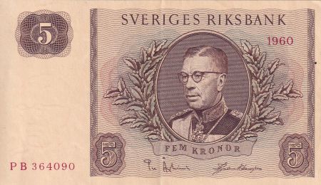 Suède 5 Kronor - Roi Gustaf VI - Série PB - 1960 - P.42e