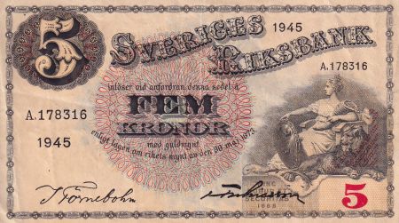 Suède 5 Kronor - Svea - Gustav Vasa - 1945 - Série A - P.33ab