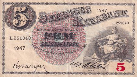 Suède 5 Kronor - Svea - Gustav Vasa - 1947 - Série L - P.33ad