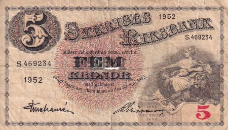 Suède 5 Kronor - Svea - Gustav Vasa - 1952 - Série S - P.33ai