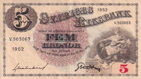 Suède 5 Kronor - Svea - Gustav Vasa - 1952 - Série V - P.33ai