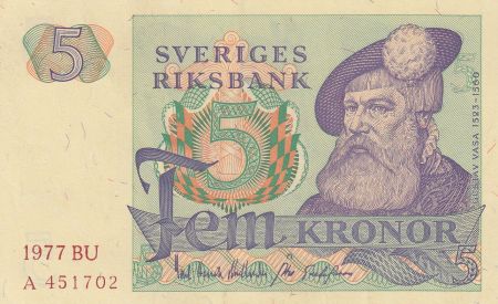 Suède 5 Kronor 1977 - Gustav Vasa, oiseau stylisé
