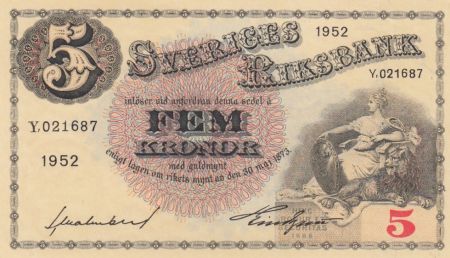 Suède 5 Kronor Roi Gustaf Vasa - 1952