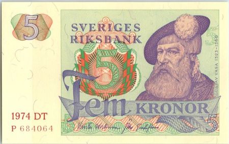 Suède 5 Kronor Roi Gustaf Vasa - 1974