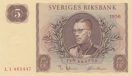 Suède 5 Kronor Roi Gustaf VI - 1956