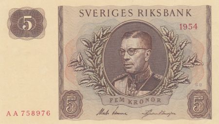 Suède 5 Kronor Roi Gustaf VI - Série AA - 1954