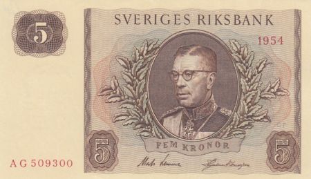 Suède 5 Kronor Roi Gustaf VI - Série AG - 1954