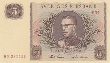 Suède 5 Kronor Roi Gustaf VI - Série BB - 1954