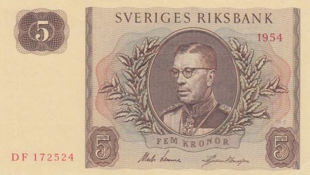 Suède 5 Kronor Roi Gustaf VI - Série DF - 1954