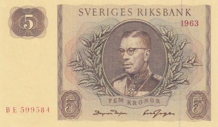 Suède 5 Kronor Roi Gustaf VI Adolf - Série BE - 1963