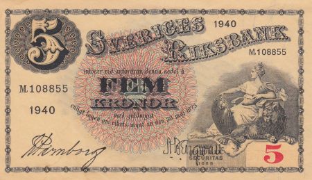 Suède 5 Kronor Svea - Gustav Vasa - 1940 - M.108855