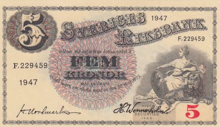 Suède 5 Kronor Svea - Gustav Vasa - 1947 - F.229459