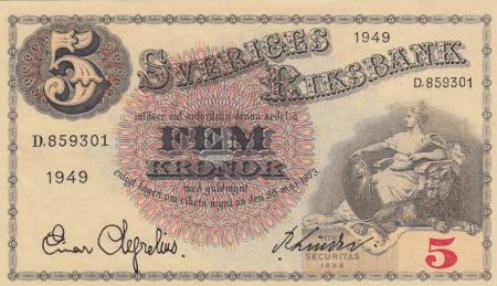 Suède 5 Kronor Svea - Gustav Vasa - 1949 - D.859301