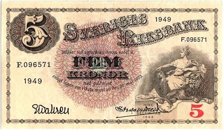 Suède 5 Kronor Svea - Gustav Vasa - 1949 - TTB - P.48