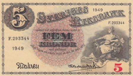 Suède 5 Kronor Svea - Gustav Vasa - 1949
