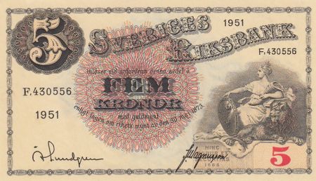 Suède 5 Kronor Svea - Gustav Vasa - 1951 - Série F