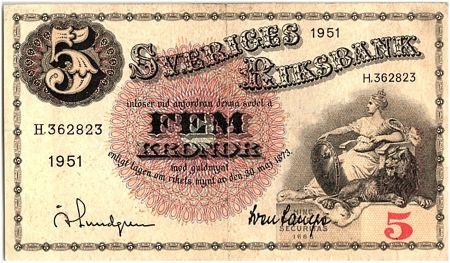 Suède 5 Kronor Svea - Gustav Vasa - 1951 - TTB - P.48