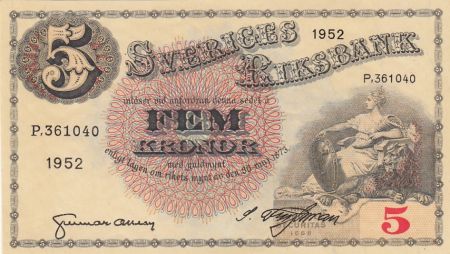 Suède 5 Kronor Svea - Gustav Vasa - 1952 - Série P