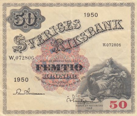 Suède 50 Kronor Svea - 1950 Série W.072806 -  TTB+ - P.35ae