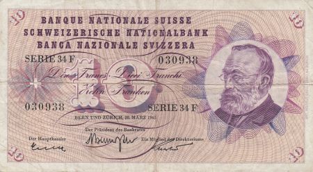 Suisse 10 Francs Gottfried Keller, Oeillets - 1963 Série 34 F