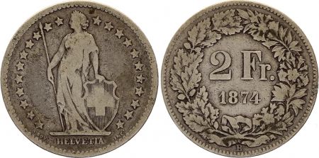 Suisse 2 Francs Helvetia - 1874 - B Bern - Argent