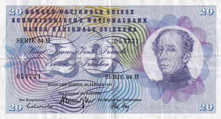 Suisse 20 Francs - Guillaume-Henri Dufour - Chardon argenté - 1972 - P.46t
